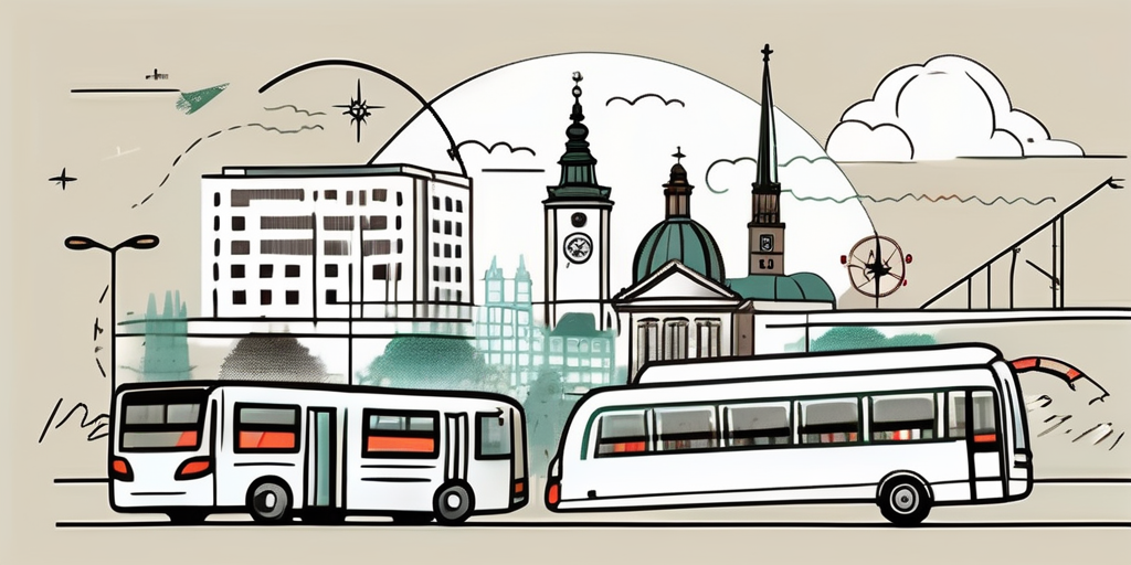the cityscape of Chemnitz, highlighting key landmarks, with symbols of travel like a compass and a map, and elements of group activities like a team flag or a bus, to represent a group tour or team event, hand-drawn abstract illustration for a company blog, white background, professional, minimalist, clean lines, faded colors
