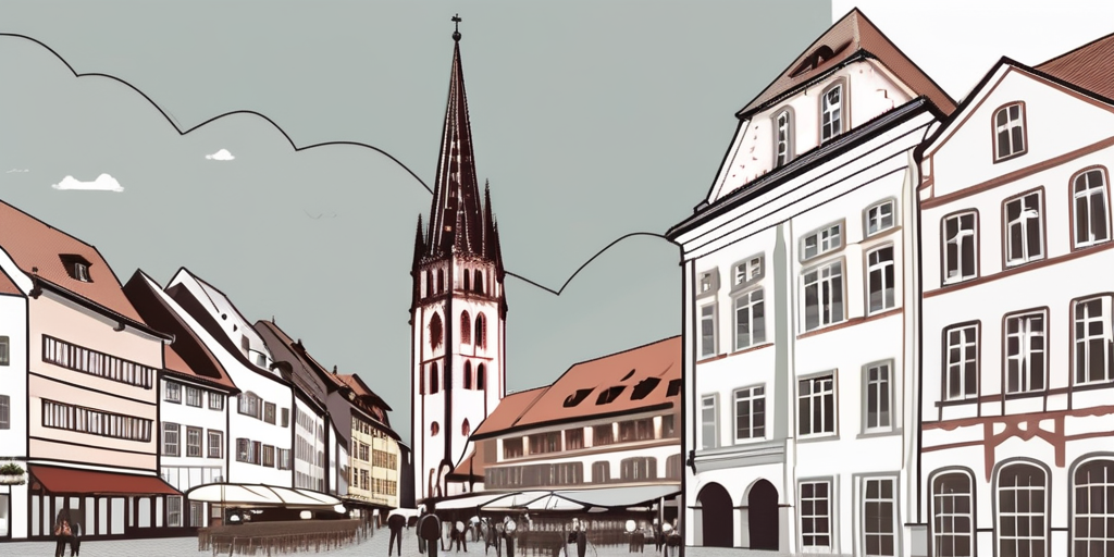 the city of Freiburg im Breisgau, highlighting notable landmarks like the Freiburg Minster, Schwabentor gate, and the Old Town Hall, and incorporating elements that suggest a group tour or team event, such as a map, compass, and backpacks, hand-drawn abstract illustration for a company blog, white background, professional, minimalist, clean lines, faded colors