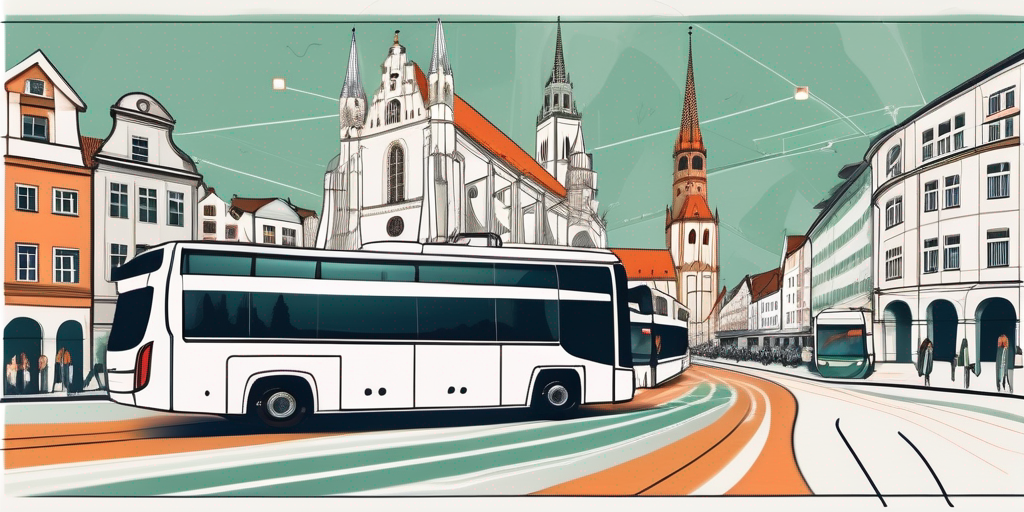 the cityscape of Augsburg with notable landmarks, a tour bus, and elements suggesting group travel and team activities, such as a map and a compass, hand-drawn abstract illustration for a company blog, white background, professional, minimalist, clean lines, faded colors