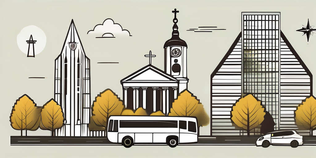 Dortmund's iconic landmarks such as the U-Tower, Florianturm, and St. Reinold's Church, incorporating elements that suggest a group tour or team event, like a map, a compass, and a bus, hand-drawn abstract illustration for a company blog, white background, professional, minimalist, clean lines, faded colors