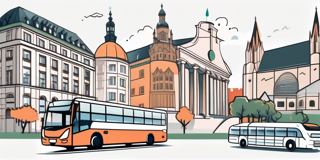the city of Essen highlighting various tourist spots, with elements like a tour bus, a map, and some iconic landmarks, to signify a group tour or team event, hand-drawn abstract illustration for a company blog, white background, professional, minimalist, clean lines, faded colors