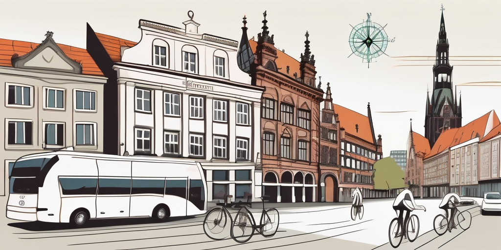 the Bremen cityscape with notable landmarks, such as the Bremen Town Musicians statue and Bremen City Hall, and elements symbolizing group travel like a tour bus and a compass, hand-drawn abstract illustration for a company blog, white background, professional, minimalist, clean lines, faded colors