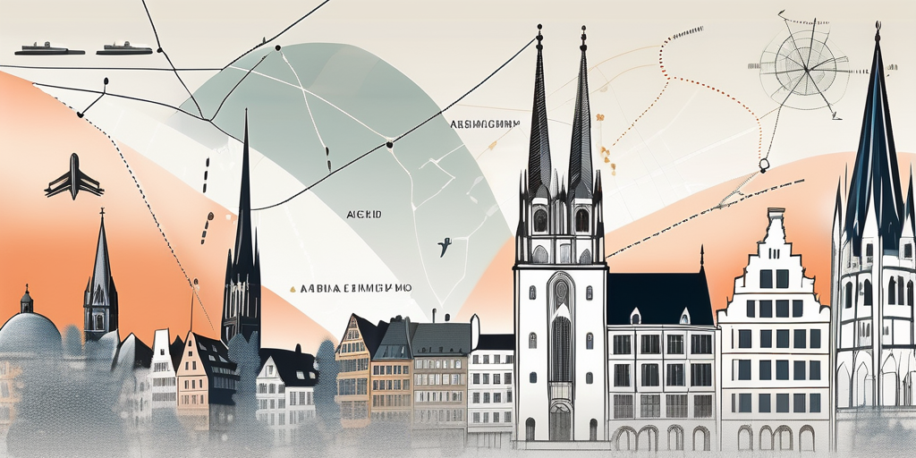 the Aachen cityscape, highlighting various landmarks, with subtle elements suggesting a group tour or team event, such as a series of footprints or a map with a route marked out, hand-drawn abstract illustration for a company blog, white background, professional, minimalist, clean lines, faded colors