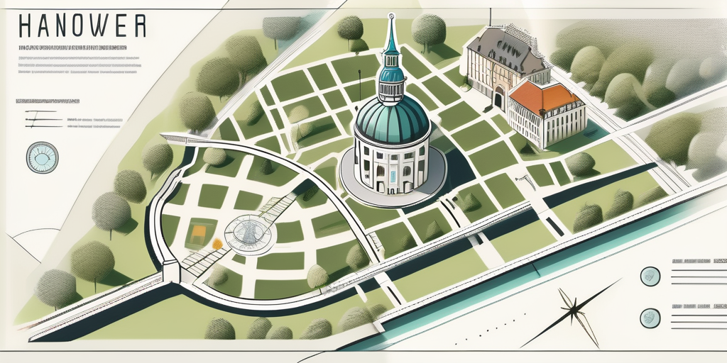 various iconic landmarks of Hannover, including the New Town Hall and Herrenhausen Gardens, along with a compass and a map, giving a sense of a guided tour, hand-drawn abstract illustration for a company blog, white background, professional, minimalist, clean lines, faded colors