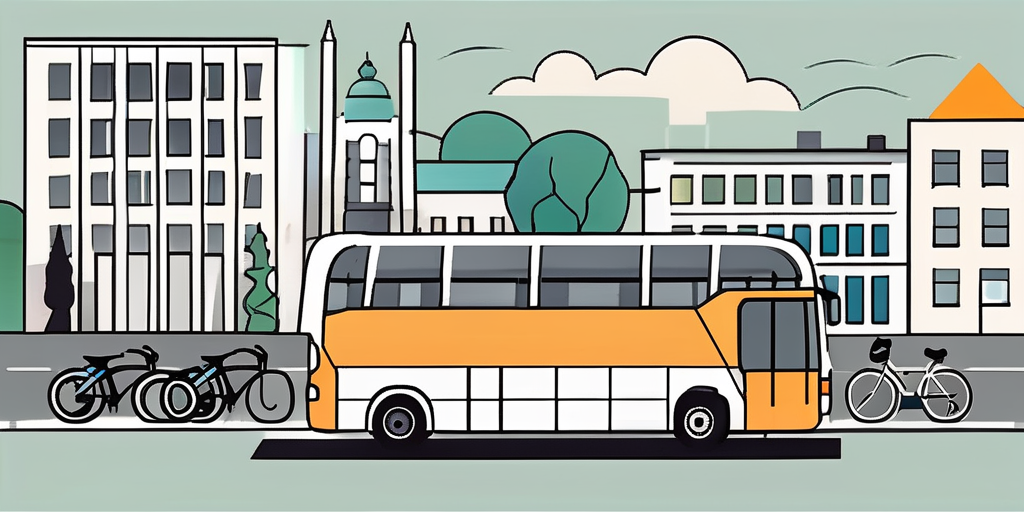 the cityscape of Karlsruhe, highlighting its notable landmarks, with a tour bus and a few bicycles scattered around, representing a group tour or team event, hand-drawn abstract illustration for a company blog, white background, professional, minimalist, clean lines, faded colors