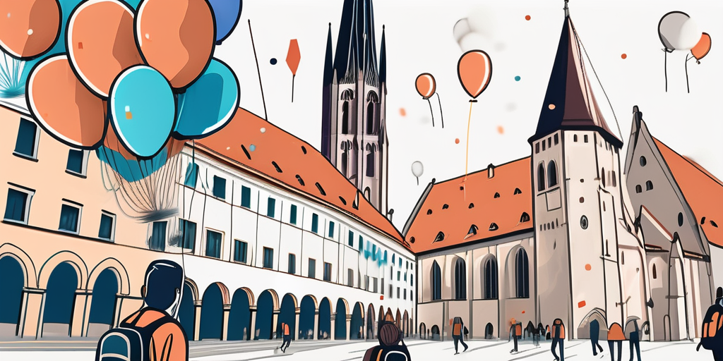 the cityscape of Braunschweig, including prominent landmarks like the Braunschweig Cathedral and the Castle Square, with a group of backpacks and cameras indicating a group tour, and some fun elements like balloons and confetti to suggest a festive team event, hand-drawn abstract illustration for a company blog, white background, professional, minimalist, clean lines, faded colors