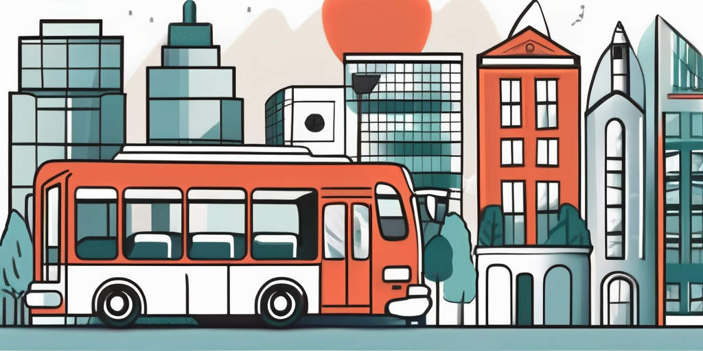 the cityscape of Hamm featuring notable landmarks, with elements like a tour guide's flag, a bus, and various travel accessories to represent a group tour or team event, hand-drawn abstract illustration for a company blog, white background, professional, minimalist, clean lines, faded colors