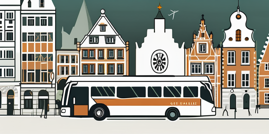 the cityscape of Halle (Saale) featuring prominent landmarks, with elements indicating a group tour such as a map, a compass, and a bus, as well as team event items like a trophy or a baton, hand-drawn abstract illustration for a company blog, white background, professional, minimalist, clean lines, faded colors