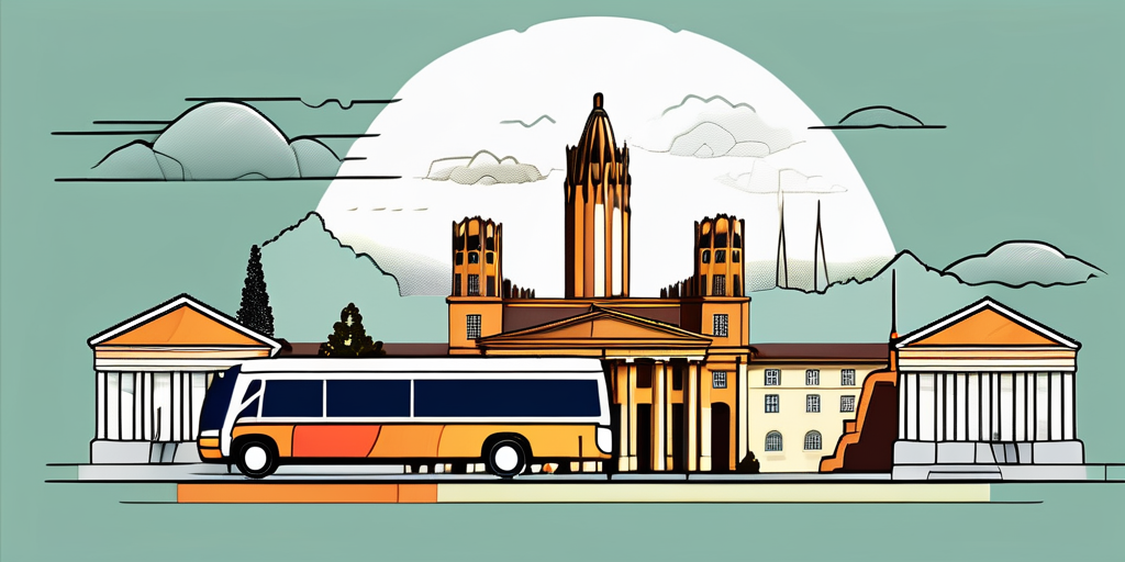 the cityscape of Kassel, highlighting famous landmarks like the Hercules monument and Wilhelmshöhe Castle, and include elements such as a tour guide's umbrella and a bus to represent a group tour and team event, hand-drawn abstract illustration for a company blog, white background, professional, minimalist, clean lines, faded colors