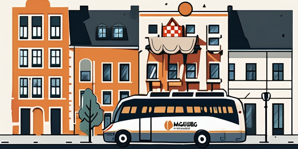 the cityscape of Magdeburg, highlighting key landmarks, with elements like a tour guide's flag, a bus, and some team-building props like a puzzle piece or a rope, symbolizing a group trip or team event, hand-drawn abstract illustration for a company blog, white background, professional, minimalist, clean lines, faded colors