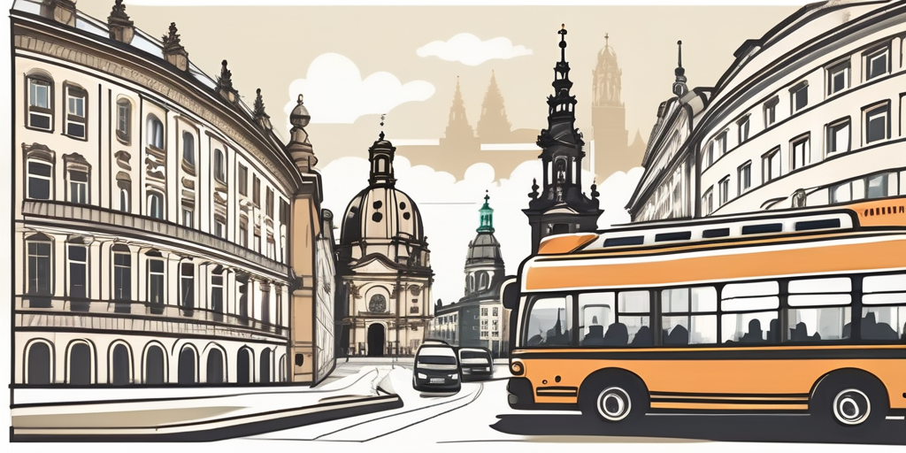 the Dresden cityscape, including iconic landmarks like the Frauenkirche and the Zwinger, with a tour bus and various travel elements like a map, compass, and camera, symbolizing a group tour or team event, hand-drawn abstract illustration for a company blog, white background, professional, minimalist, clean lines, faded colors