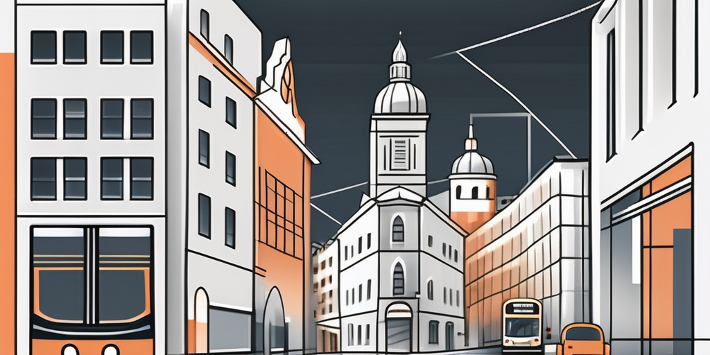 the cityscape of Hagen, highlighting notable landmarks, with elements like a tour guide's flag, a bus, and team-building activities like a scavenger hunt or a puzzle, hand-drawn abstract illustration for a company blog, white background, professional, minimalist, clean lines, faded colors