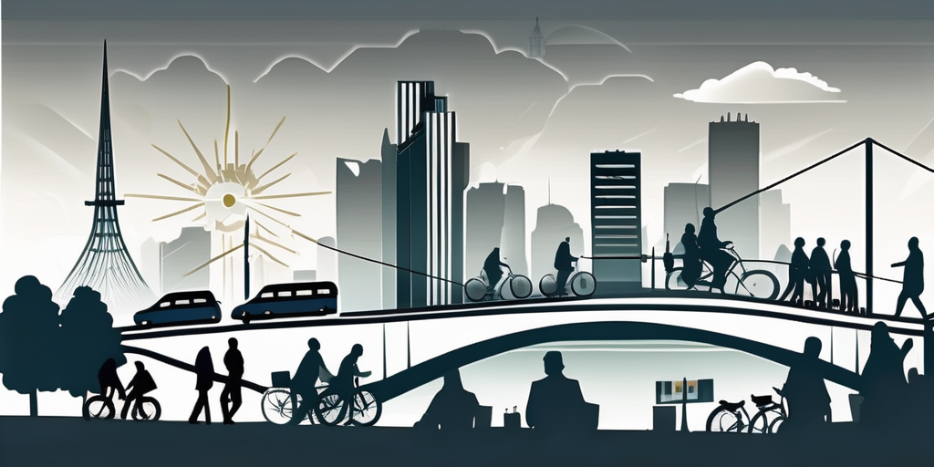 the cityscape of Gelsenkirchen, highlighting various landmarks, with a group of silhouettes indicating a tour group, and some elements like a bus or a compass to symbolize a group travel or team event, hand-drawn abstract illustration for a company blog, white background, professional, minimalist, clean lines, faded colors