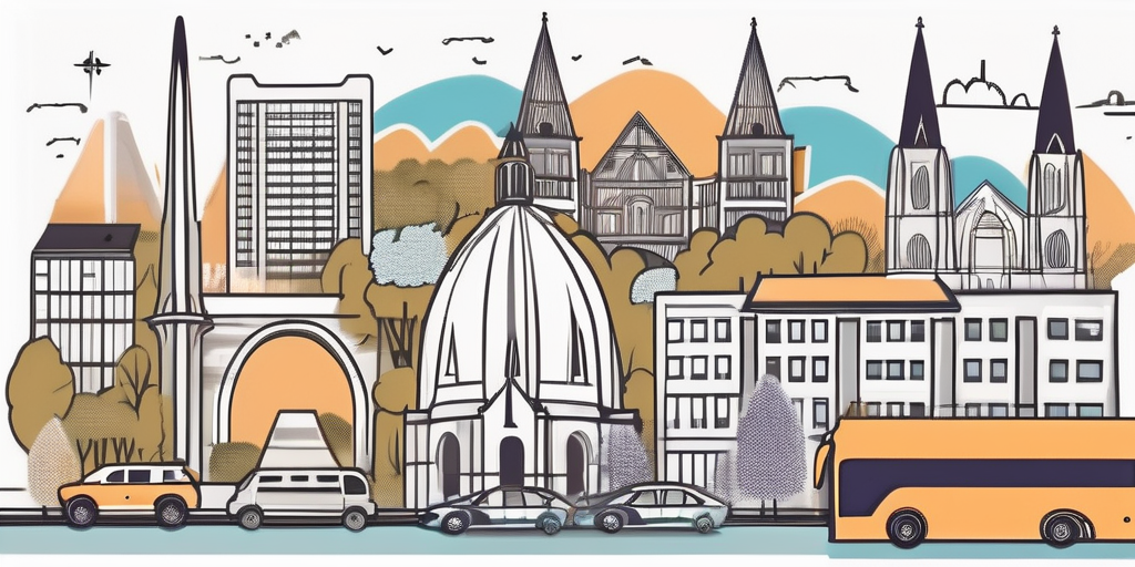 the cityscape of Bochum, highlighting various landmarks and attractions, with elements indicating group travel like a tour bus and team-building activities like a treasure hunt, hand-drawn abstract illustration for a company blog, white background, professional, minimalist, clean lines, faded colors