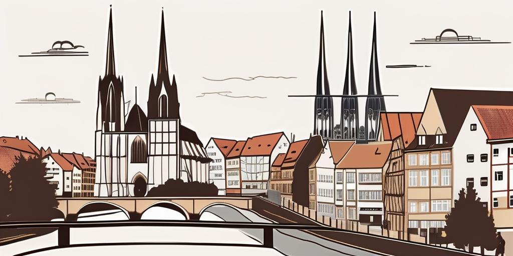 the cityscape of Erfurt, highlighting popular landmarks such as the Erfurt Cathedral and Krämerbrücke, with elements suggesting a group tour like a tour bus, maps, and travel luggage, hand-drawn abstract illustration for a company blog, white background, professional, minimalist, clean lines, faded colors