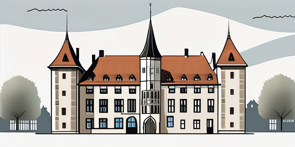 Bielefeld's iconic landmarks such as the Sparrenburg Castle, the Old Market Square, and the Bielefeld Town Hall, incorporating elements that signify group travel and team events like a tour bus, backpacks, and team flags, hand-drawn abstract illustration for a company blog, white background, professional, minimalist, clean lines, faded colors