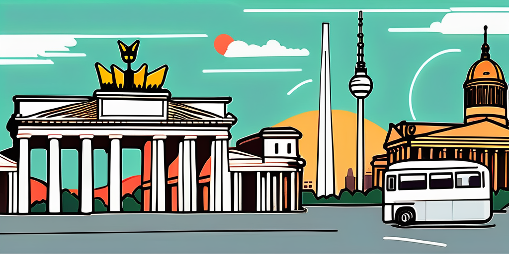 iconic Berlin landmarks like the Brandenburg Gate, Berlin TV Tower, and Berlin Cathedral, with elements suggesting a group tour such as a map, a compass, and a bus, all set in a lively and vibrant urban setting, hand-drawn abstract illustration for a company blog, white background, professional, minimalist, clean lines, faded colors